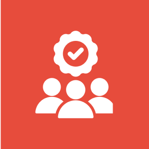 Icon of three silhouettes in white on a red background, with a check mark in a circle above them, indicating approval or verification.