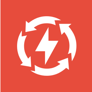 A white lightning bolt inside a circle of rotating arrows on a red background.