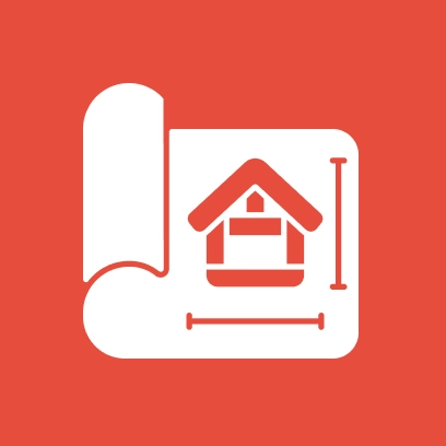 Icon of a house blueprint on a red background, featuring a scroll with a house illustration and measurement lines.