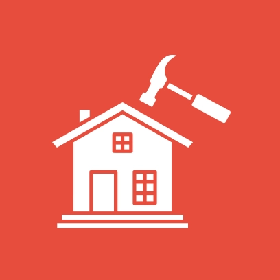 Icon of a white house with a hammer on a red background, symbolizing home improvement.