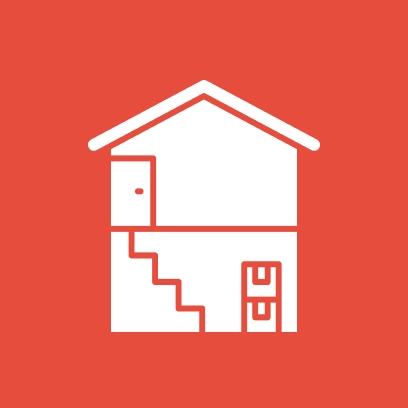 Icon of a house with stairs and a basement on a red background.