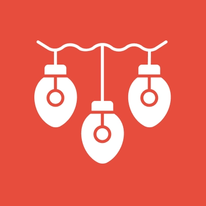 A graphic of three hanging white light bulbs on a red background.