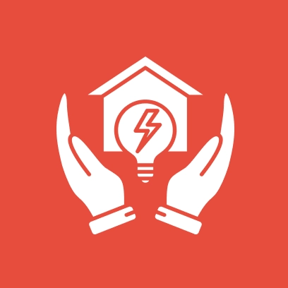 Icon of hands holding a house with a lightbulb inside, featuring a lightning bolt on a red background.