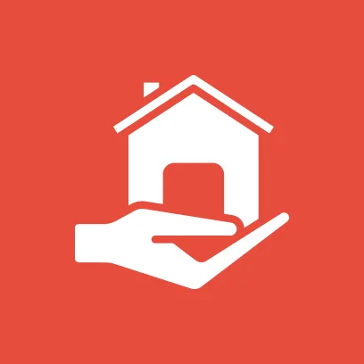 White icon of a hand holding a house on a red background.