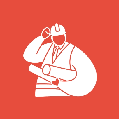 Illustration of a construction worker in a hard hat holding rolled blueprints, set against a red background.