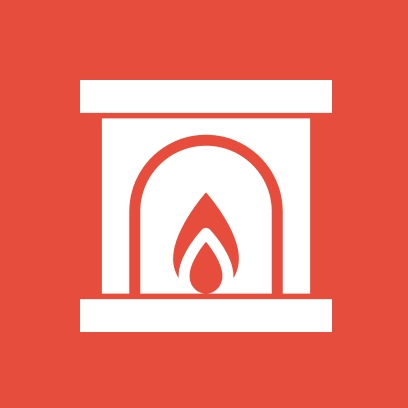 White fireplace icon with a flame, set against a red background.