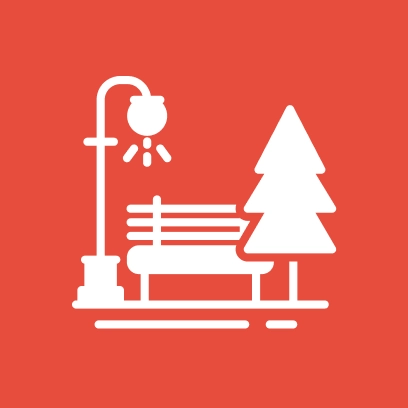 White icon on red background showing a park bench, a streetlamp, and a tree.