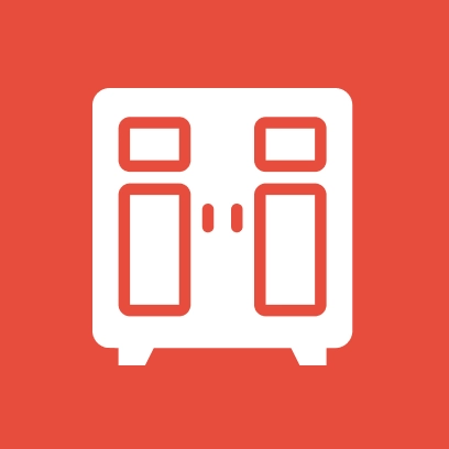 White refrigerator icon on a red background.