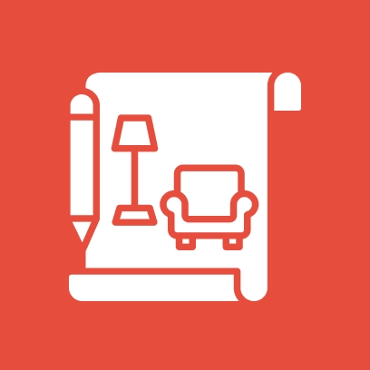 Icon of a rolled paper with a pencil, lamp, and armchair, symbolizing interior design or home planning, on a red background.