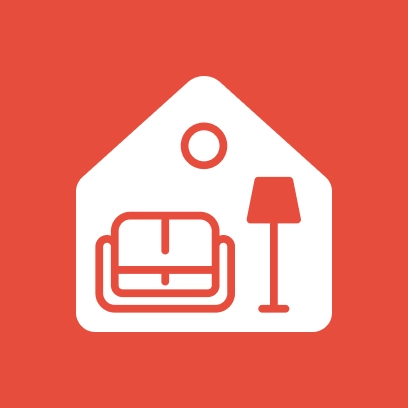 Icon of a house interior with a sofa and a floor lamp on an orange background.