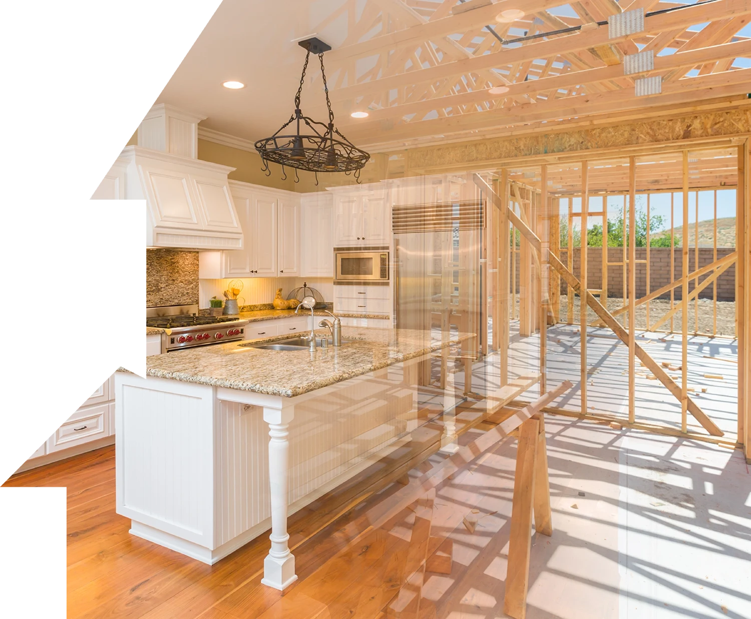 A modern kitchen seamlessly transitions into a wooden frame structure, illustrating a before-and-after concept.