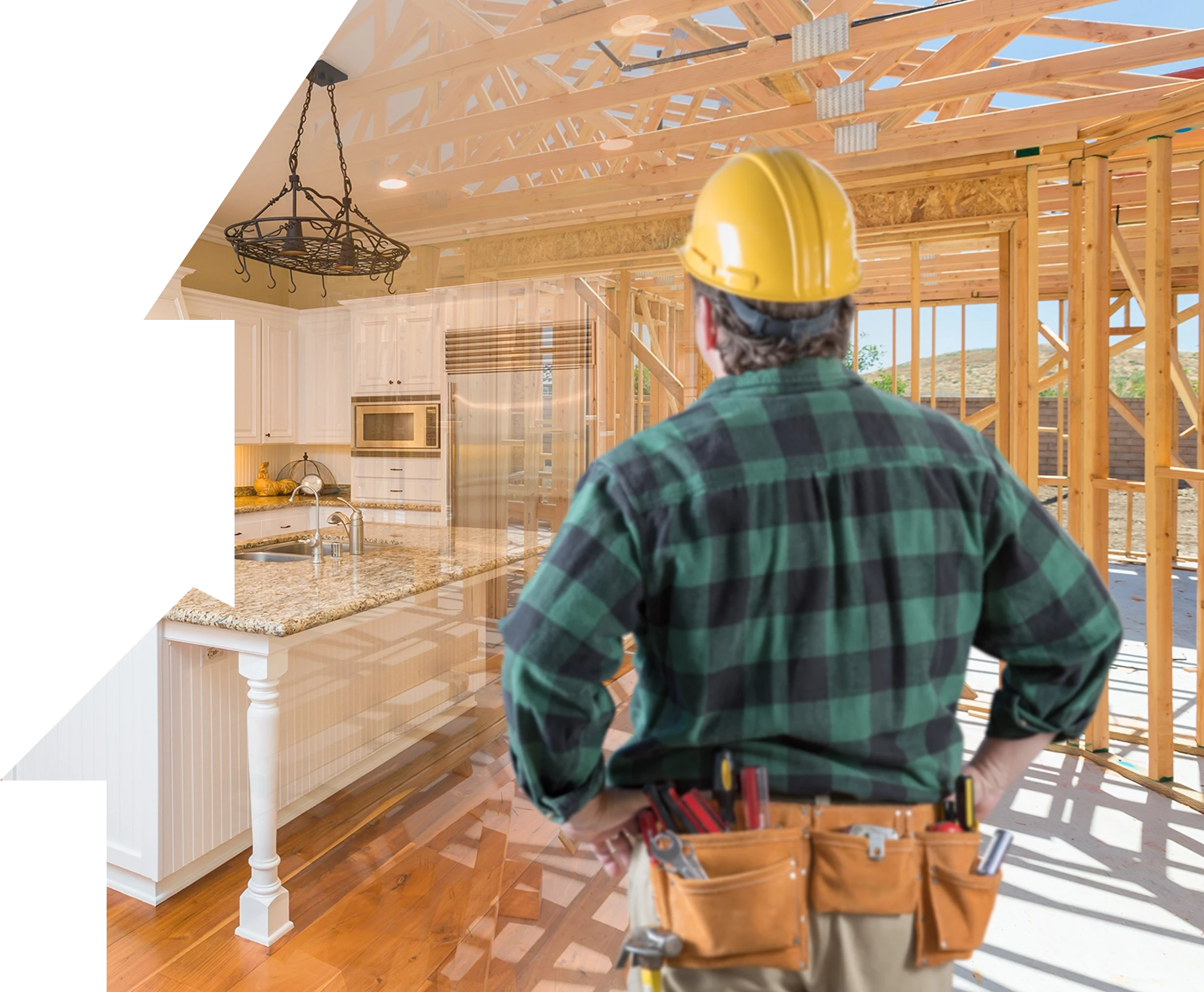 Builder in a hard hat and tool belt observes a house under construction, with a semi-transparent overlay revealing a finished kitchen interior.