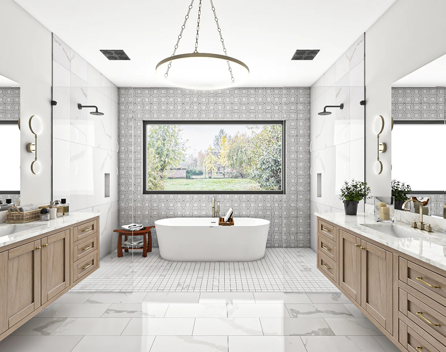 Spacious bathroom with a central freestanding bathtub, large window, double wooden vanities, and tiled walls. A circular chandelier hangs above.